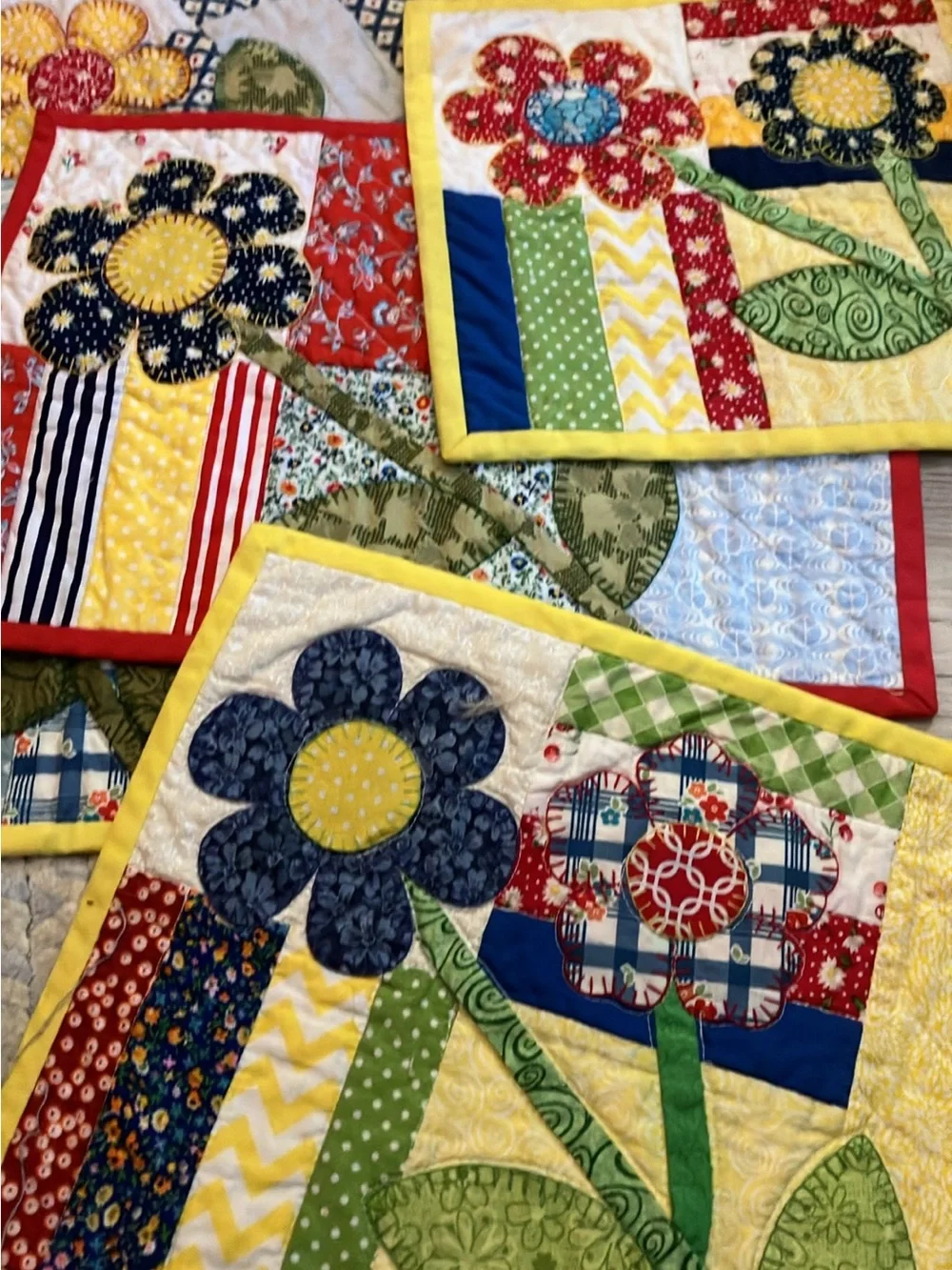 Handmade Floral Patchwork quilted placemats   Yellow, Blue & Red